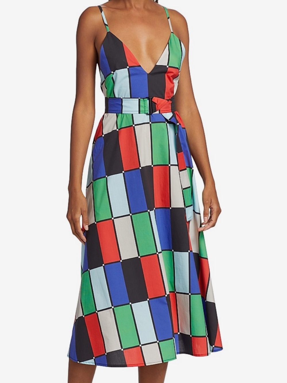 Colorblock Spaghetti-Strap Midi Dress - Red, Blue & Green